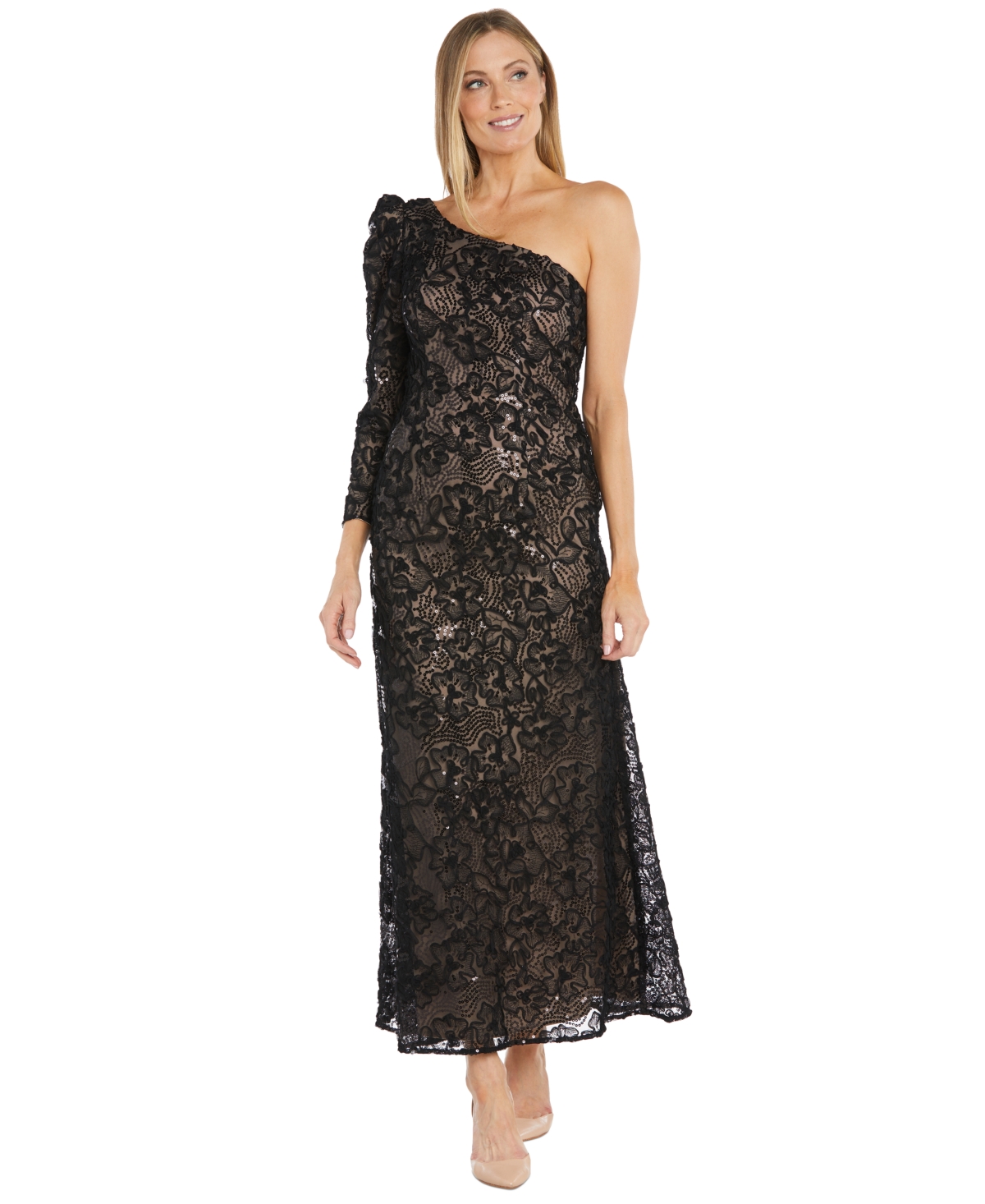 Women's One-Long-Sleeve Floral-Lace Sequin Gown - Black/Nude