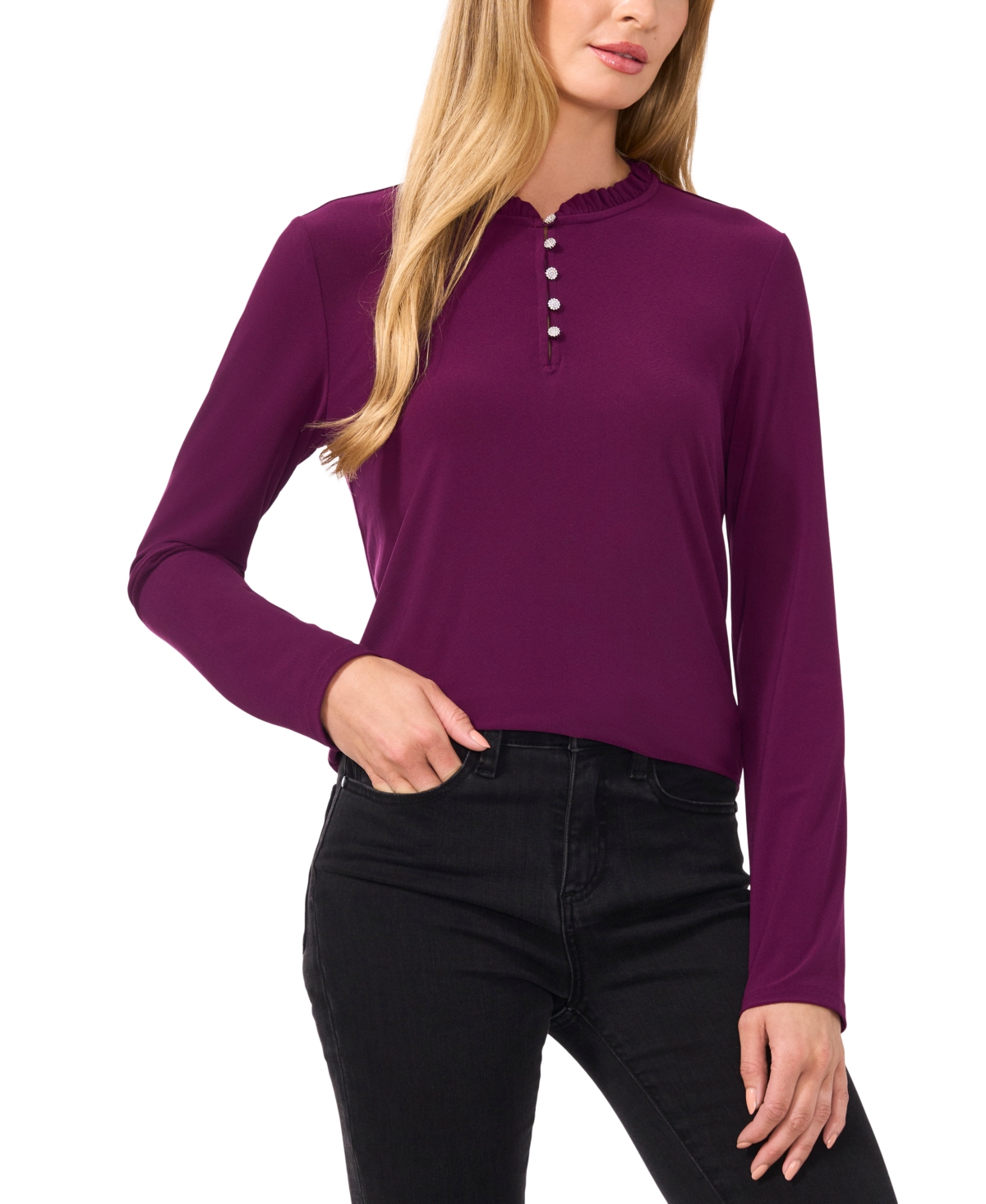 CeCe Women's Ruffle-Trim Long Sleeve Knit Top with Rhinestone Buttons