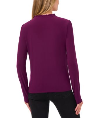 Women's Ruffle-Trim Long Sleeve Knit Top with Rhinestone Buttons