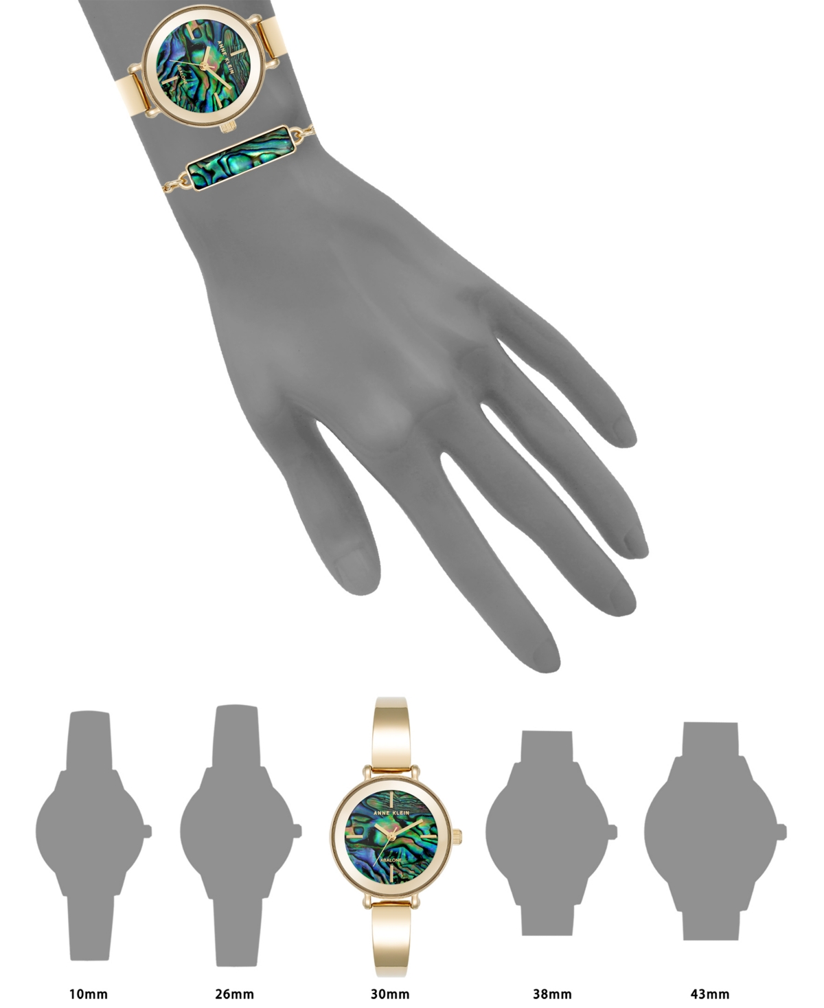 Anne Klein Women's Quartz Round Abalone Gemstone Gold-tone Alloy Metal Bangle Watch Set, 30mm In Blue,green,gold-tone