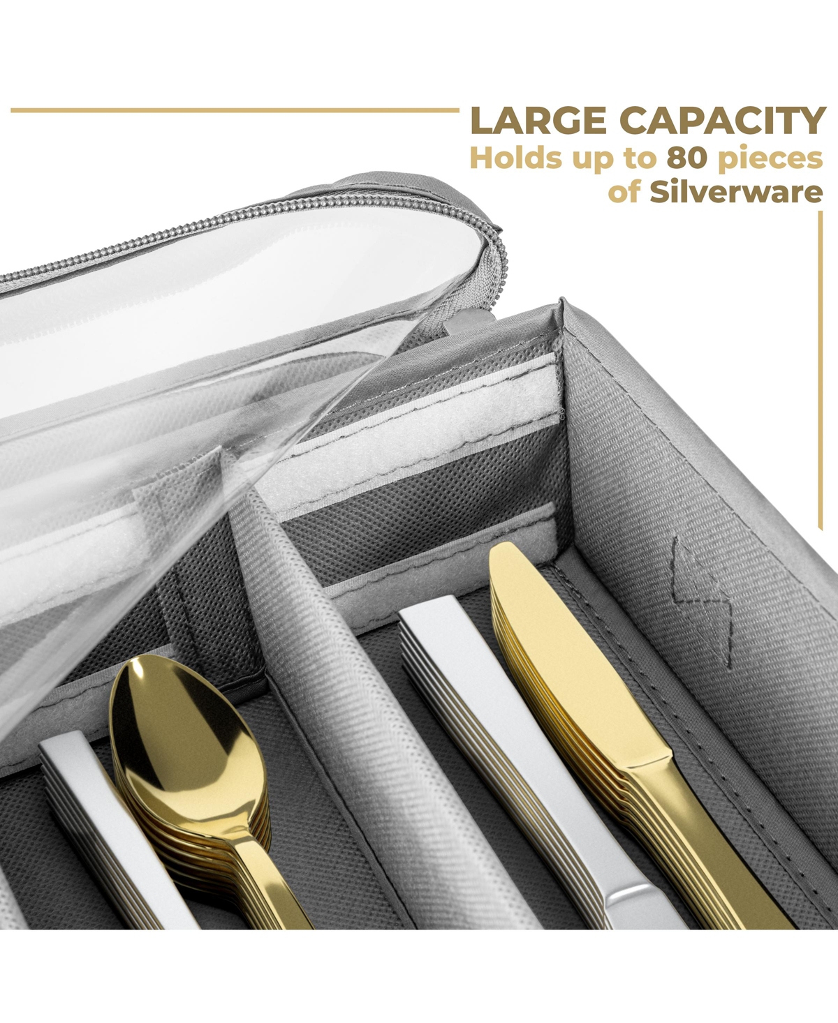 Sorbus Fabric Chest Flatware & Silverware Organizer Box with Zipper Clear Lid & Adjustable Divider - Gray