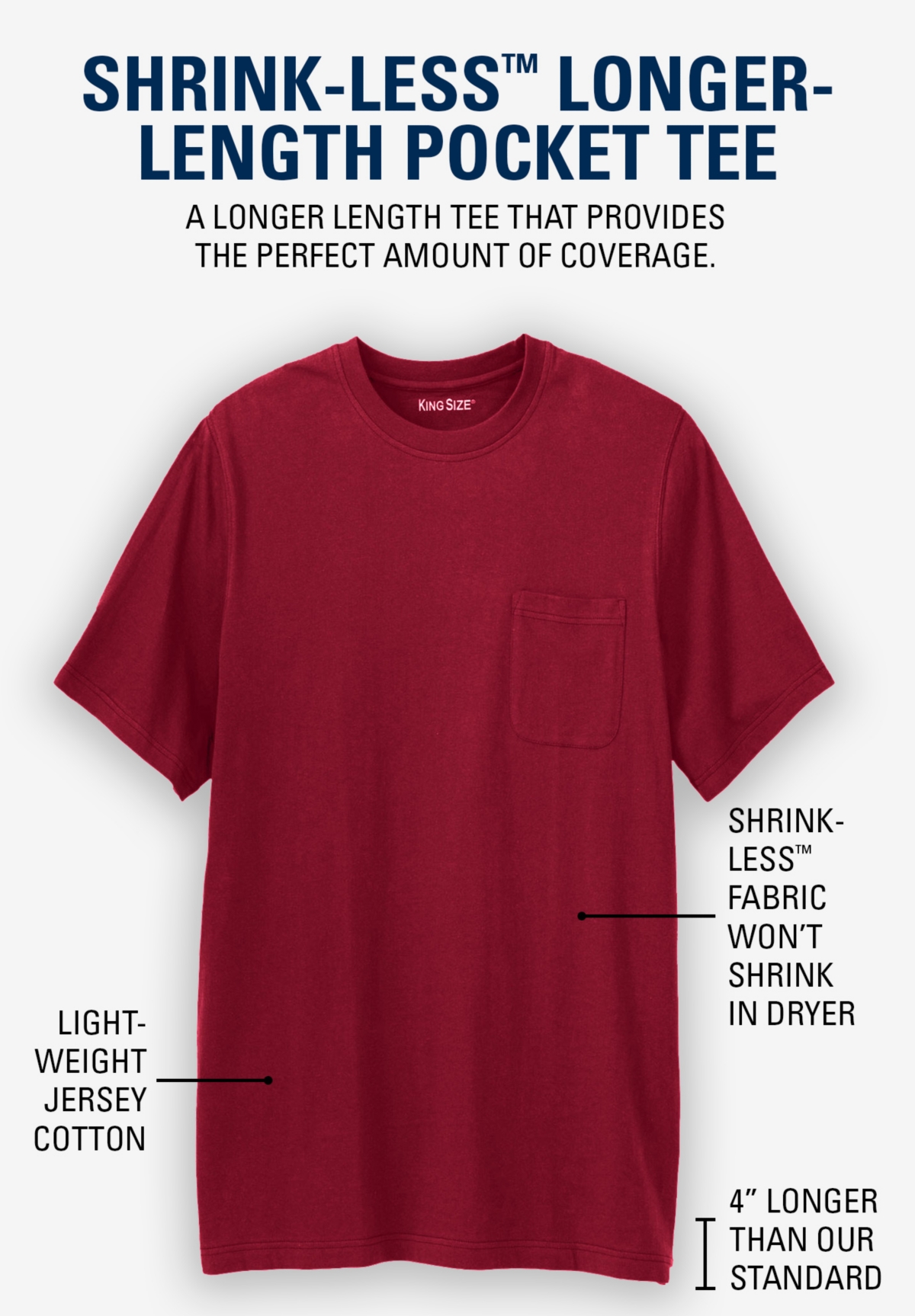 KingSize Big & Tall Shrink-Less Lightweight Longer-Length Crewneck Pocket T-Shirt