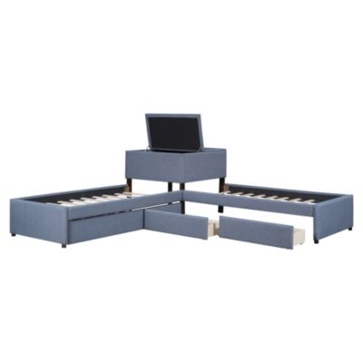 Upholstered Platform Bed with Trundle and Desk