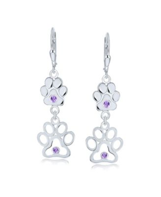 BFF Cut Out Open Animal Lover Pet Dog Cat Paw Print Dangle Stud Earrings Puppy Cubic Zirconia .925 Sterling Silver Lever back Push Back