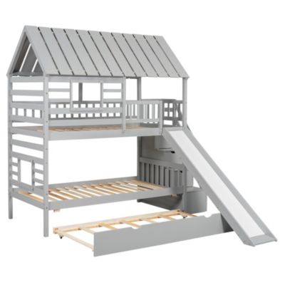 House Bunk Bed with Trundle, Slide, Storage stairway
