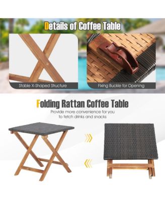 2PCS Patio Lounge Chair Adjustable Recliner Chair Acacia Wood Frame Folding Table Set