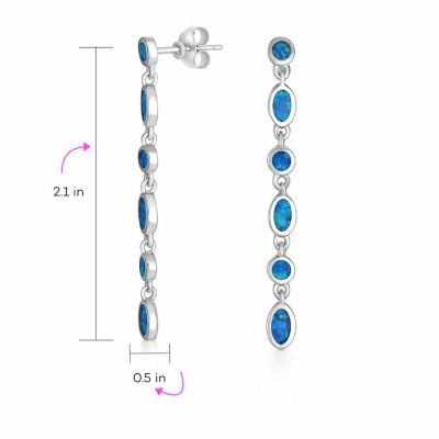 Geometric MOD Multi Alternating Bezel Oval & Round Circles 2 Strand Long Waterfall Synthetic Opal Dangle Earrings Sterling Silver 2 inch