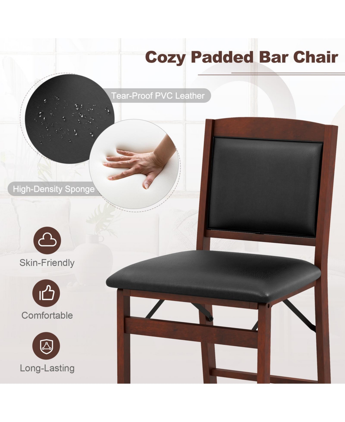 Vebreda Set of 2 Folding Kitchen Island Stool with Rubber Wood Legs