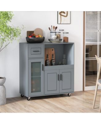 Rolling Kitchen Island with Wheels Drawer and Glass Door Cabinet