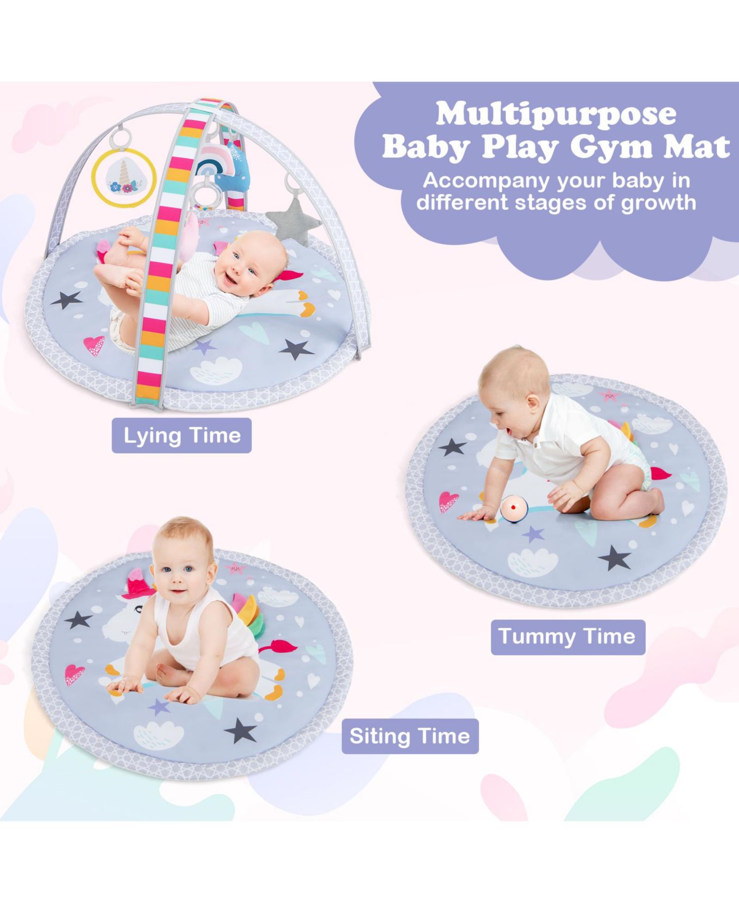 7-in-1 Baby Play Gym Mat with 5 Removable Sensory Toys, 33" x 20"
