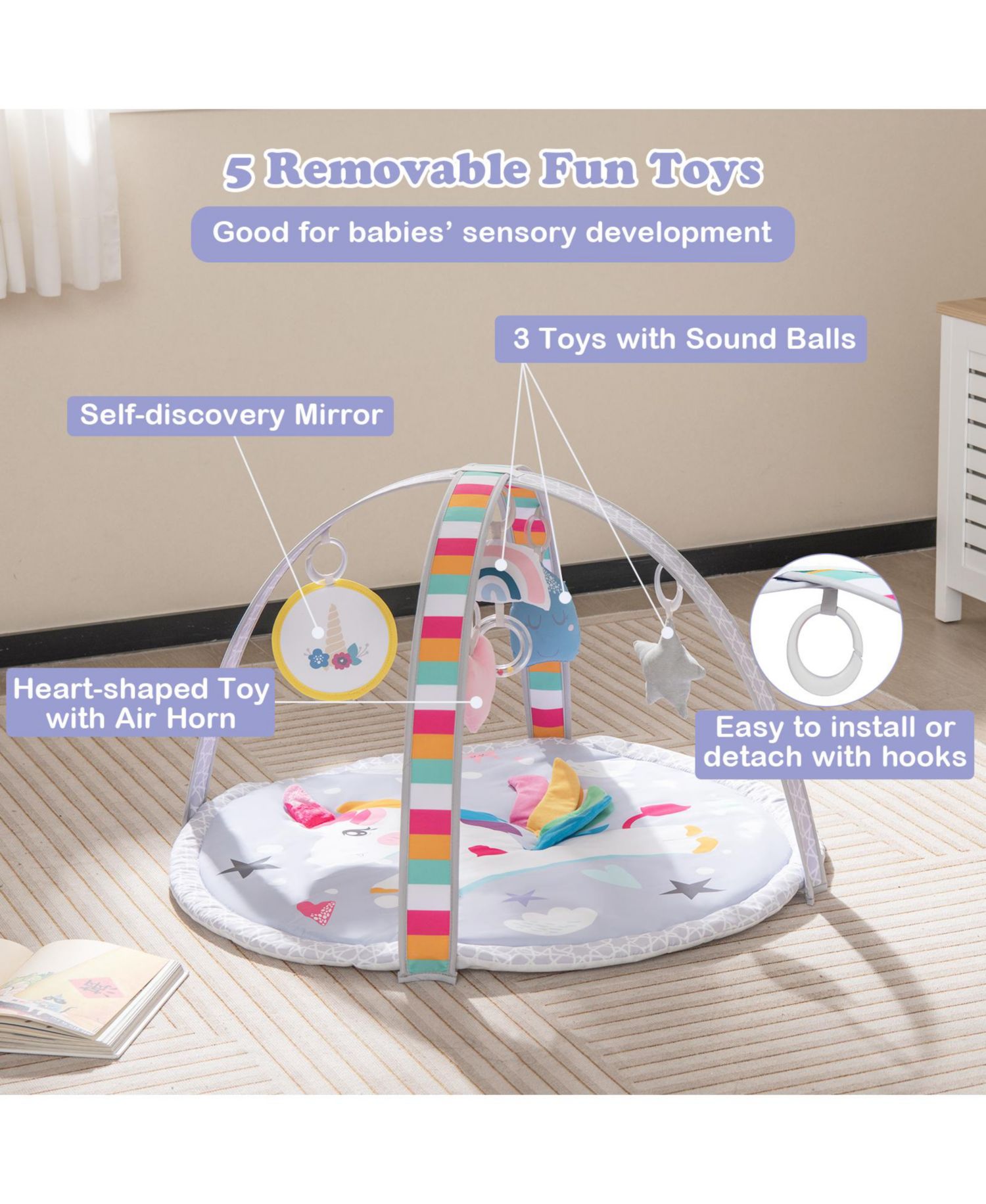 7-in-1 Baby Play Gym Mat with 5 Removable Sensory Toys, 33" x 20"