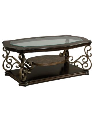 Cocktail Table, Glass table top, MDF W/marble paper middle shelf, powder coat finish metal legs. (52"Lx32"Wx20"H)