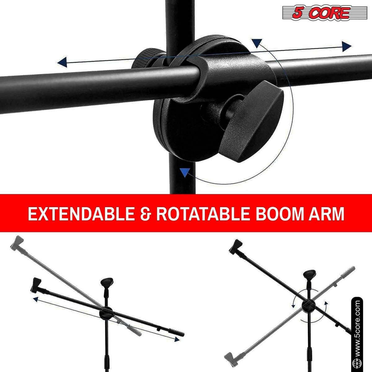 5 Core Tripod Mic Stand Pair Floor Adjustable 31 to 76 Inches Boom Arm Holder Microphone Stands 360 Degree Rotating + Dual Mic Ms Dbl 2PCS