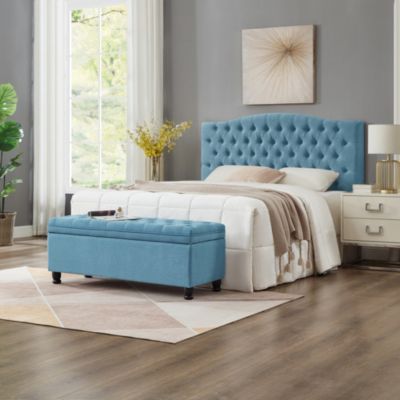 Button Tufted Storage Bench - Light Blue Linen