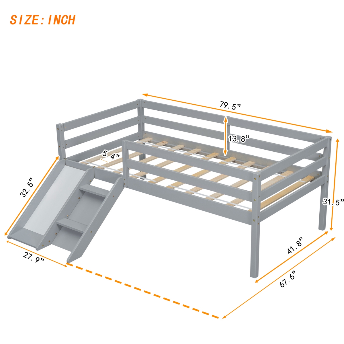 Streamdale Furniture Low Loft Bed With Slide, Ladder, Safety Guardrails, No Box Spring Needed,- Grey