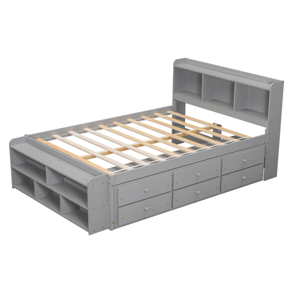 Streamdale Furniture Bed With Bookcase Headboard, Under Bed Storage Drawers And Bed End Storage Case,- Grey