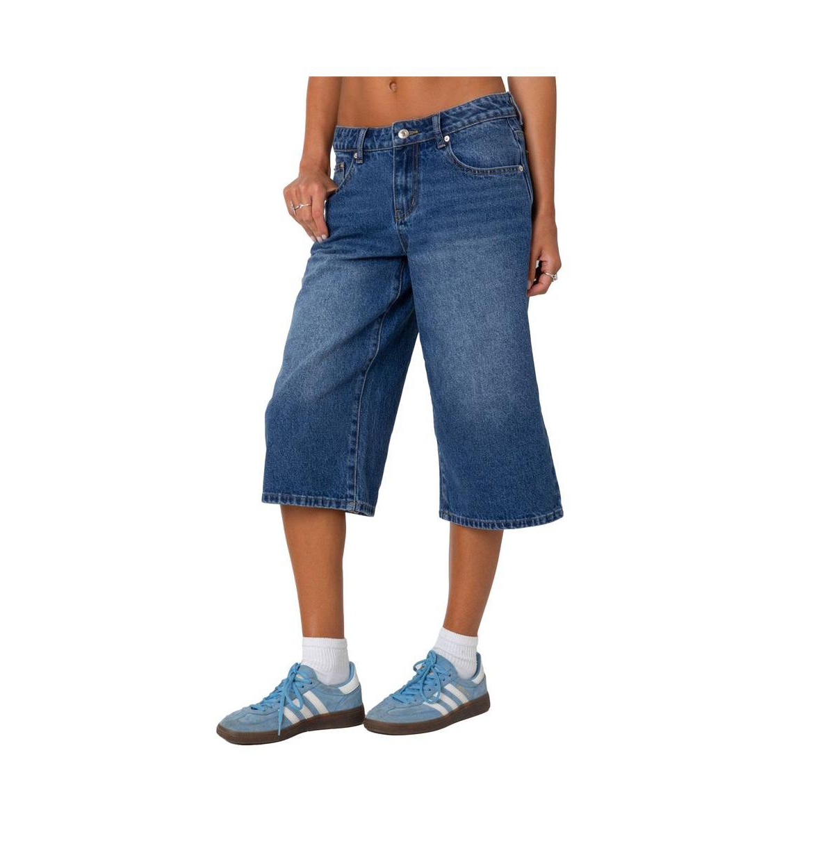Edikted Women's Xtra Long low rise denim bermuda shorts - Blue-washed