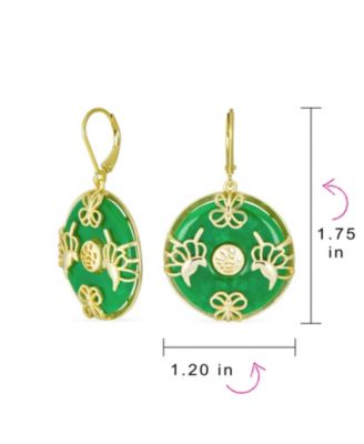 Asian Style Circle Disc Round Donut Good Fortune Green Jade Butterfly Drop Dangle Earrings Gold Plated Sterling Silver Lever Back