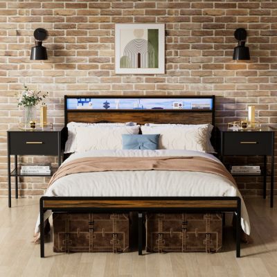Queen Bed Frame with LED Light, Storage, and Charging