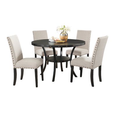 Streamdale Biony Espresso Wood Dining Set with Tan Fabric Nailhead Chairs
