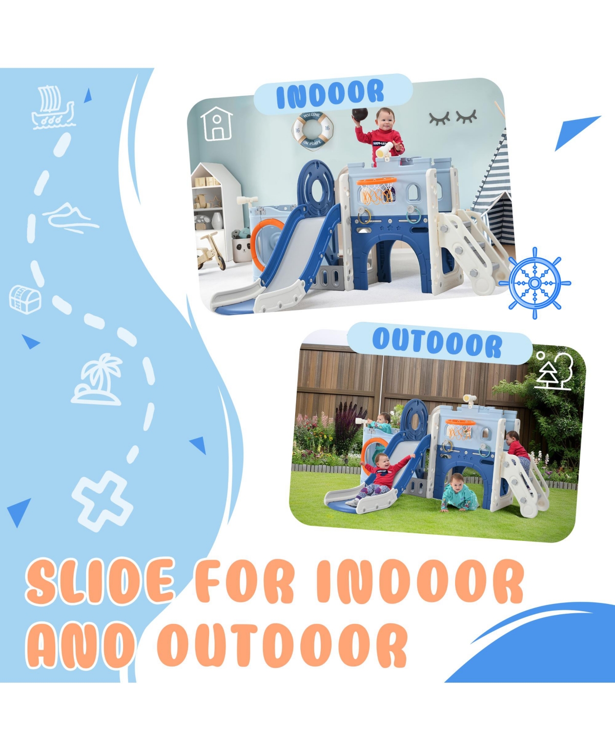 Streamdale Furniture Pirate Ship Toddler Slide Set: 10-in-1 Indoor/Outdoor Playground