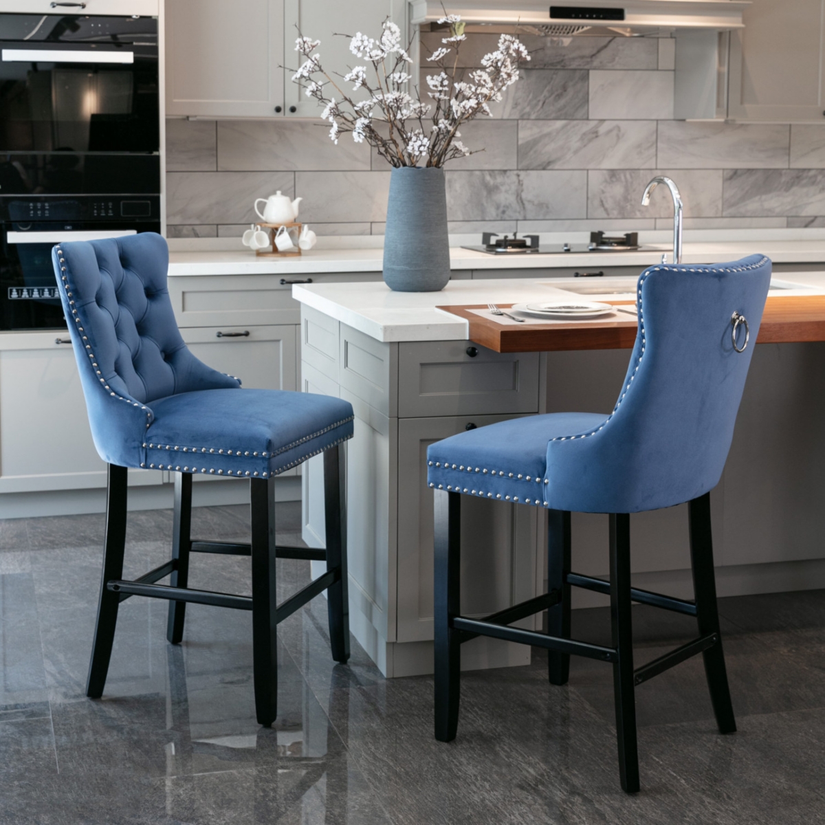Streamdale Blue Velvet Button Tufted Barstools with Chrome Trim (Set of 2)