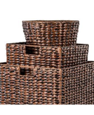 Traditional Assorted Hand-Woven Hyacinth/Iron Baskets, Dark Brown Wash (Set of 10)