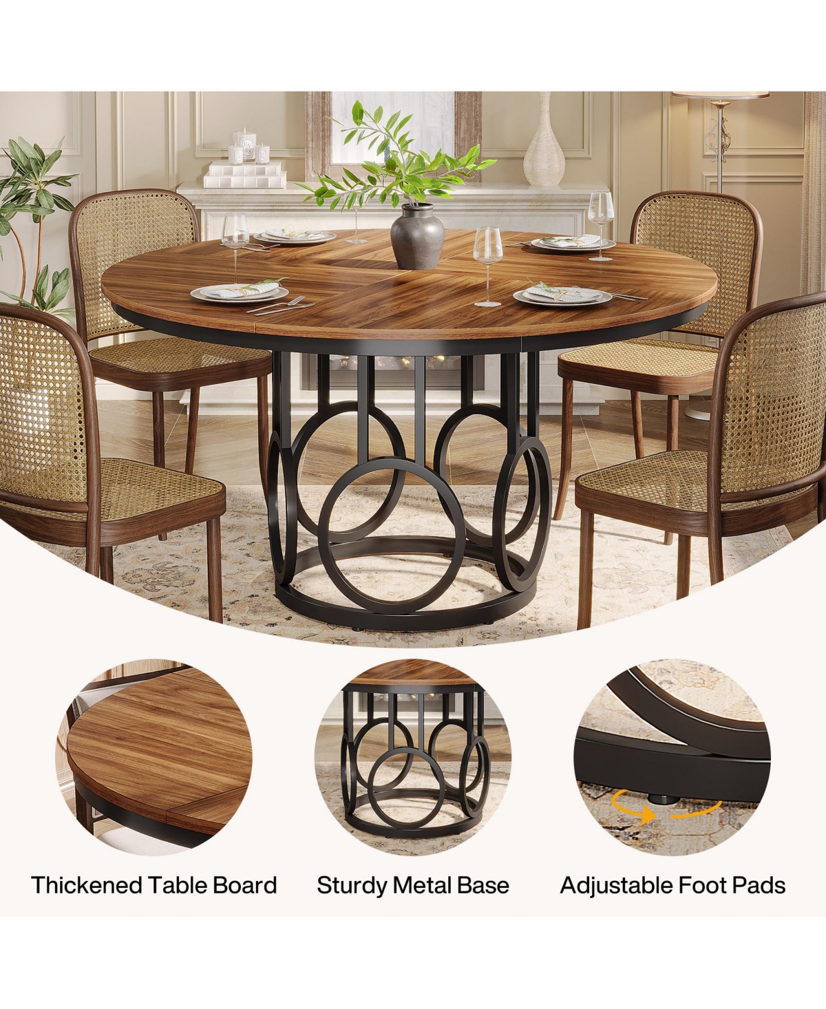 Tribesigns Round Dining Table for 4-6 People, 47-Inch Circle Kitchen Table Dining Room Table with Sturdy Metal Base, Wood Dinner Table for Dinin