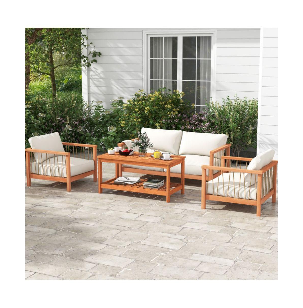 Sugift 2-Tier Patio Coffee Table with Slatted Tabletop and Shelf