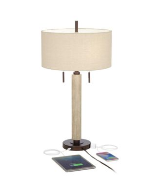 Hugo Modern Mid Century Table Lamp 28 1/2" Tall Whitewashed Column with USB Charging Port Oatmeal Drum Shade for Living Room House