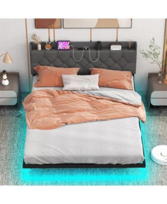 Floating Bed Frame with LED and Headboard and Charging Station