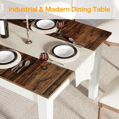 Dining Table for 4-6 People, 62-Inch Rectangular Kitchen Table with Solid Wood Legs, Modern Farmhouse Dinner Table for Dining Room, Kitchen, Living Room, Rustic Brown & White