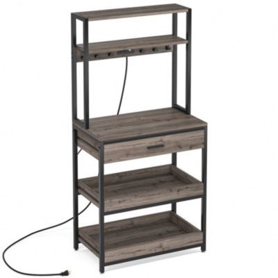 Bakers Rack with Power Outlets, 5-Tier Kitchen Storage Shelf, Microwave Oven Stand with Drawer, Kitchen Rack with 6 Hooks
