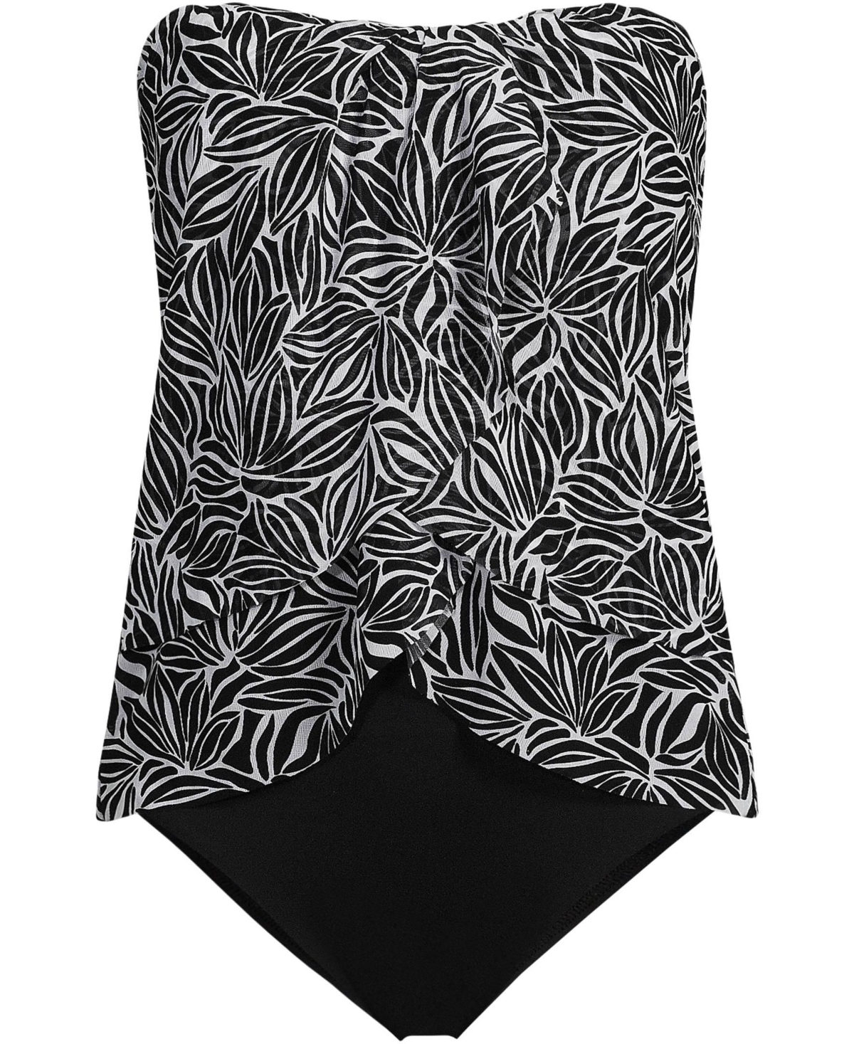 Lands' End Women's Chlorine Resistant Mesh Bandeau High Leg Fauxkini One Piece Swimsuit -white abstract floral