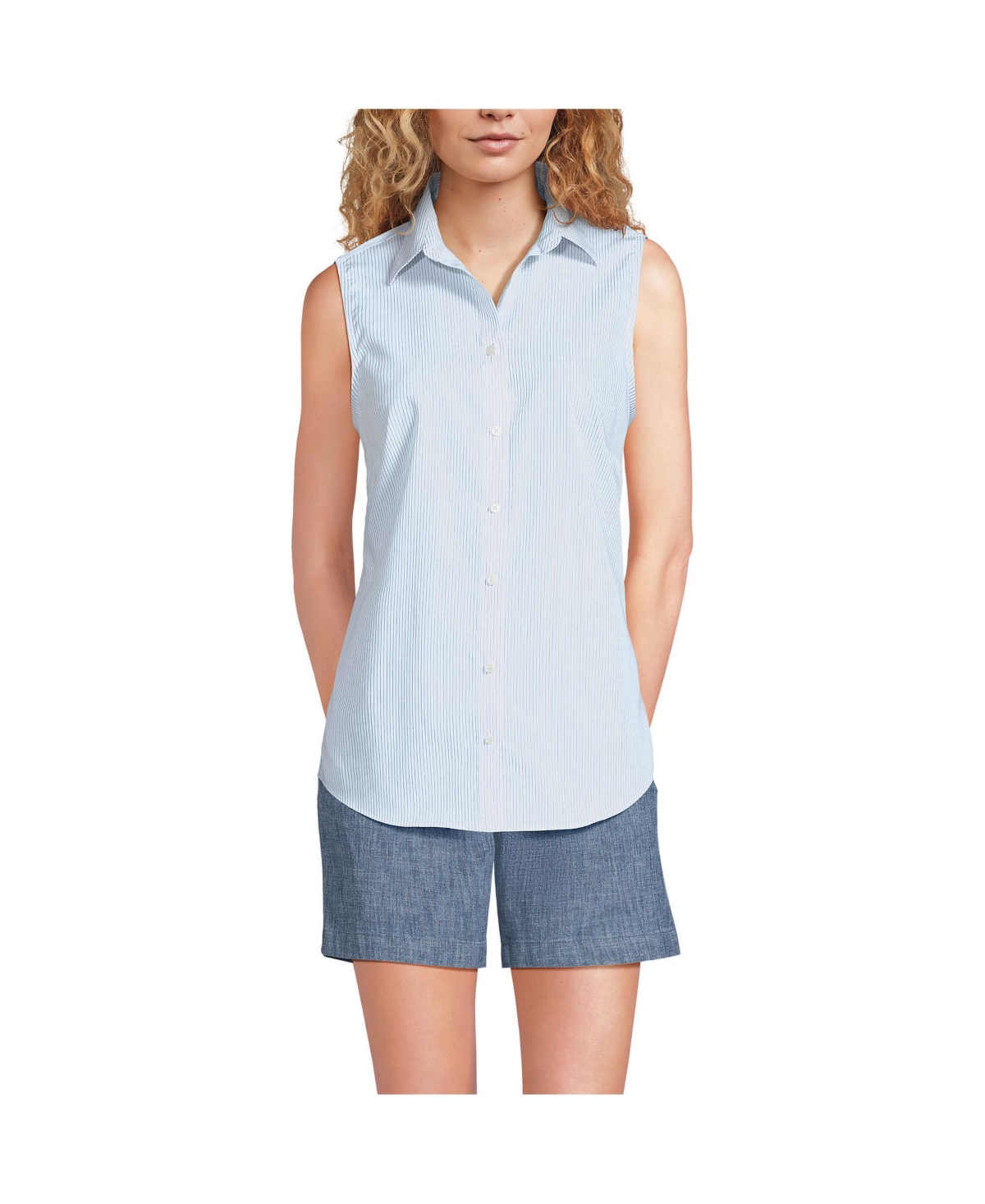 Women's No Iron Sleeveless Shirt - Royal cobalt double pinstripe