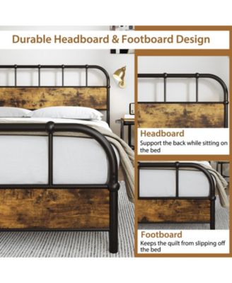 Queen Size Industrial Metal Platform Bed Frame with Headboard Mattress Foundation-Coffee