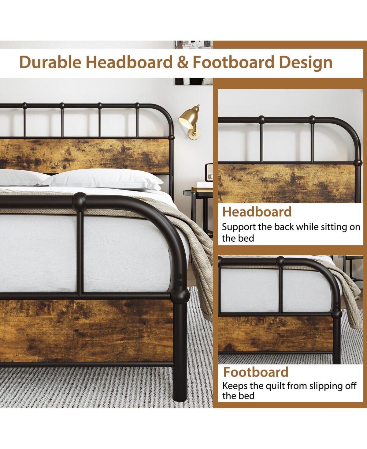 Sugift Queen Size Industrial Metal Platform Bed Frame with Headboard Mattress Foundation-Coffee