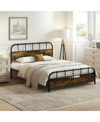 Queen Size Industrial Metal Platform Bed Frame with Headboard Mattress Foundation-Coffee