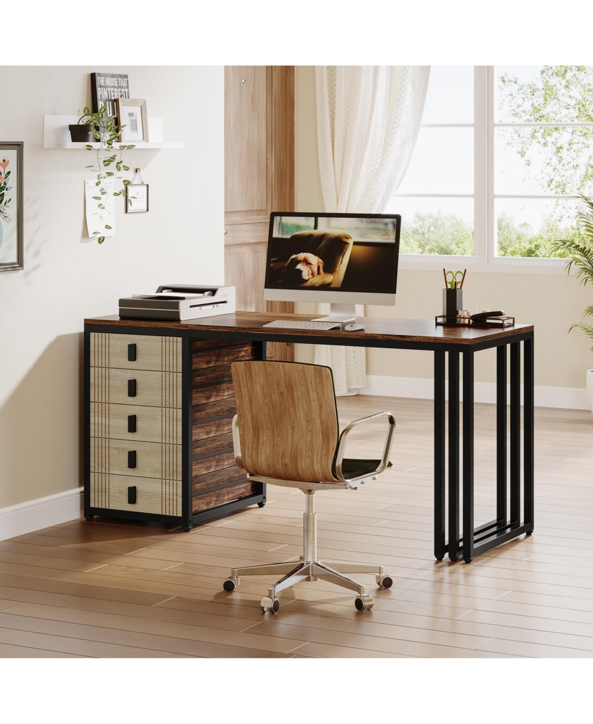 Tribesigns Computer Desk with 5 Drawers, Home Office Desk with Reversible Drawer, Industrial Study Work Writing Desk with Storage, Simple Wood Lap