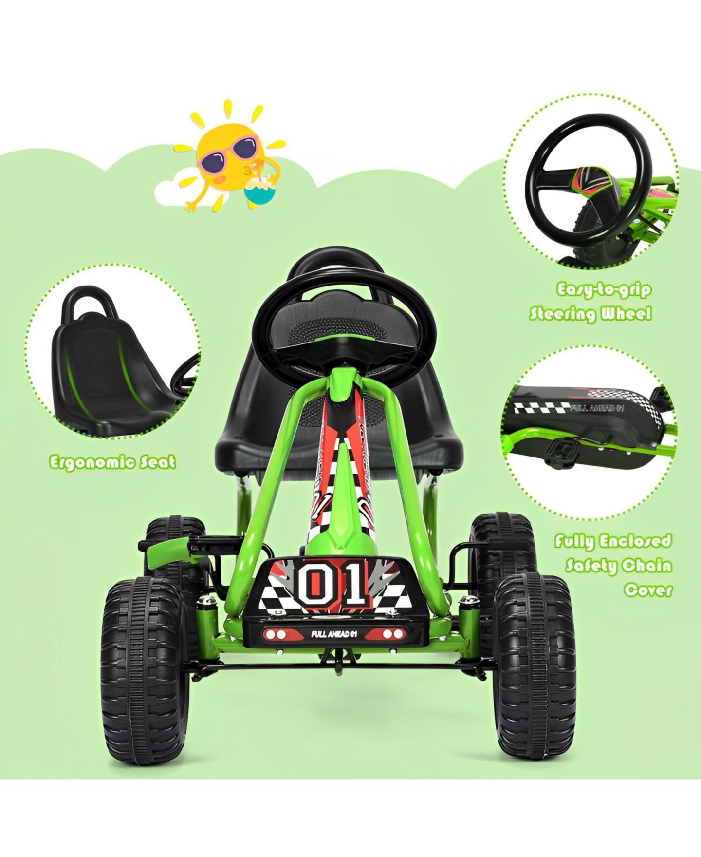 Детская игрушка SKONYON 4-Wheel Pedal Powered Ride-On Car with Adjustable Seat, 66 lbs Capacity, 3–6 лет, цвет: Зелёный — фото 2