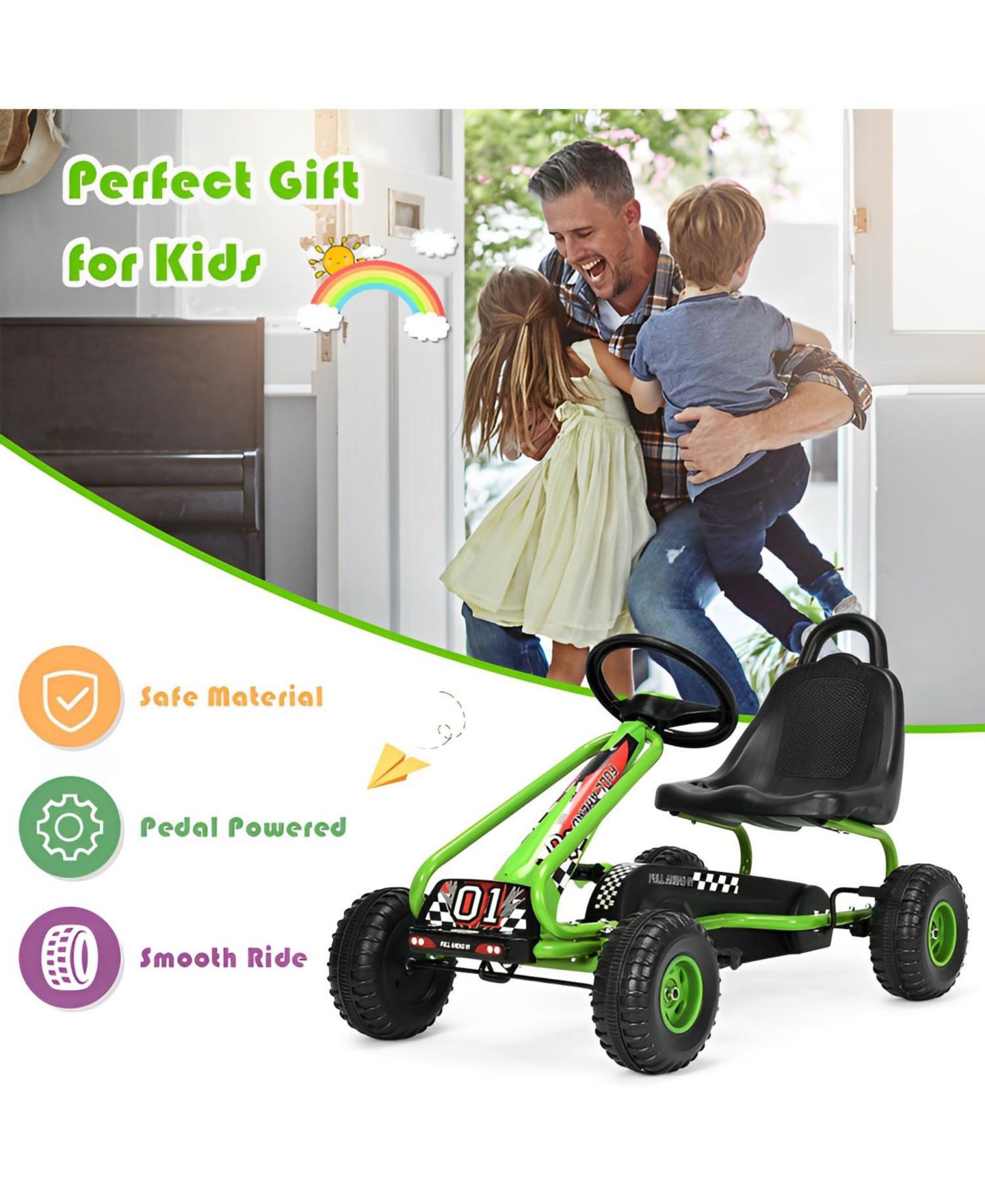 Детская игрушка SKONYON 4-Wheel Pedal Powered Ride-On Car with Adjustable Seat, 66 lbs Capacity, 3–6 лет, цвет: Зелёный — фото 7