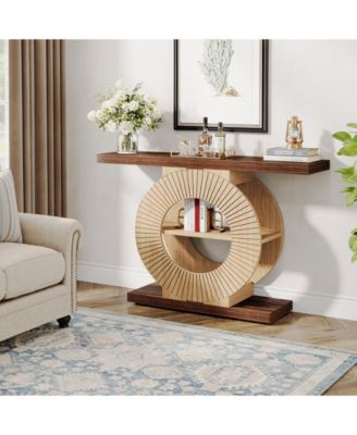 Entryway Table with Storage, Wood Console Table, 39.3-Inch Sofa Table Small Accent Hallway Table with Shelves and Circle Base