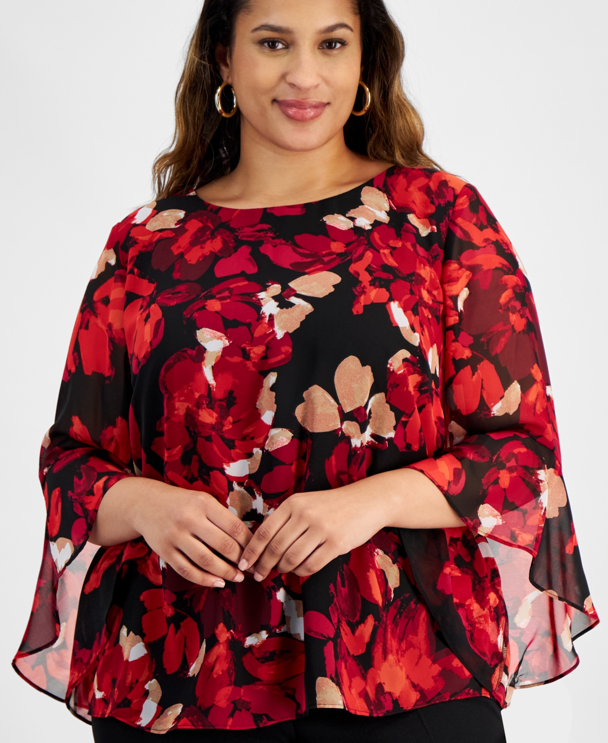 Kasper Plus Size Floral-Print Bell-Sleeve Scoop-Neck Top