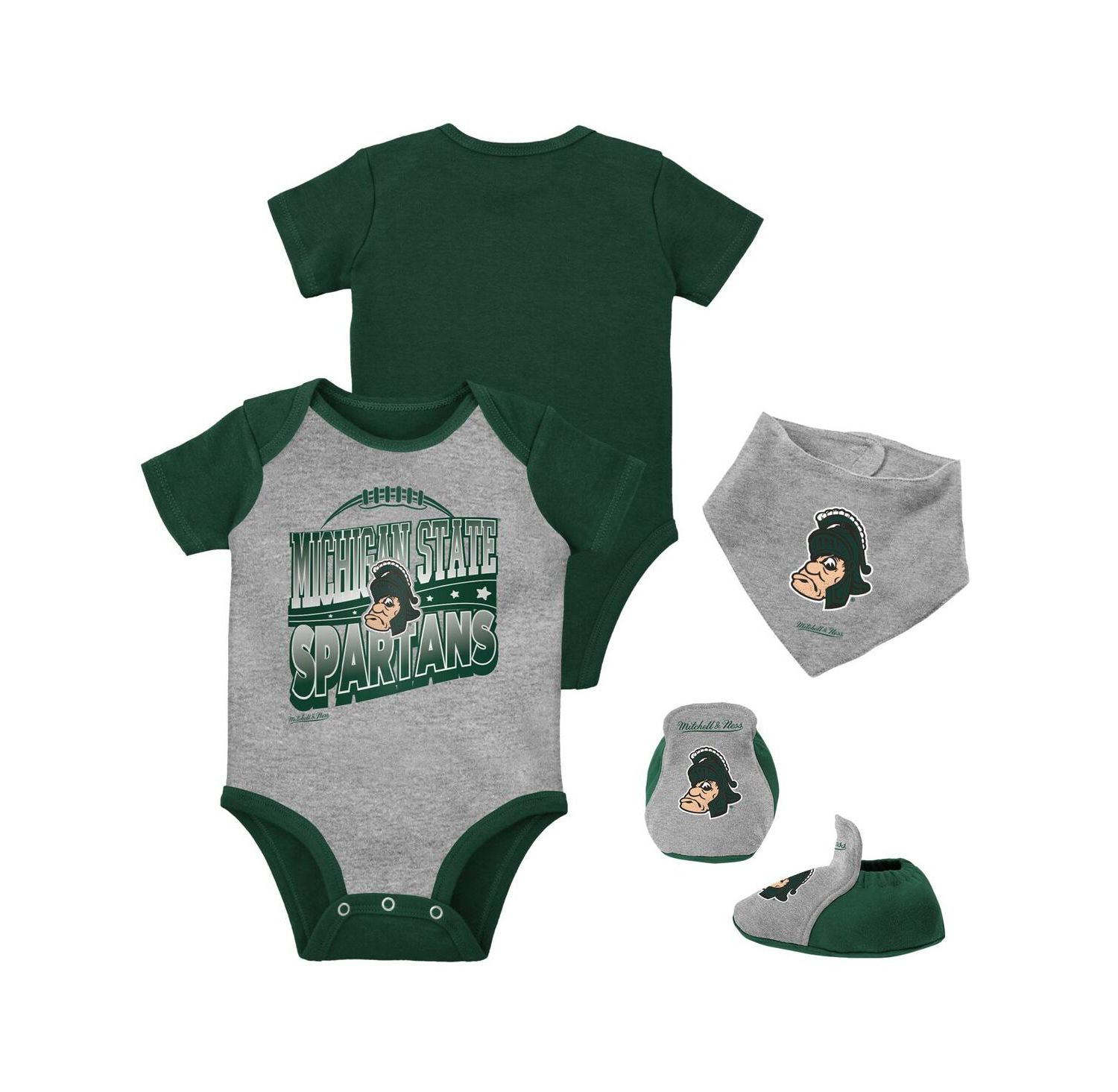 Baby Boys and Girls Green/Heather Gray Michigan State Spartans 3-Pack Bodysuit, Bib and Bootie Set