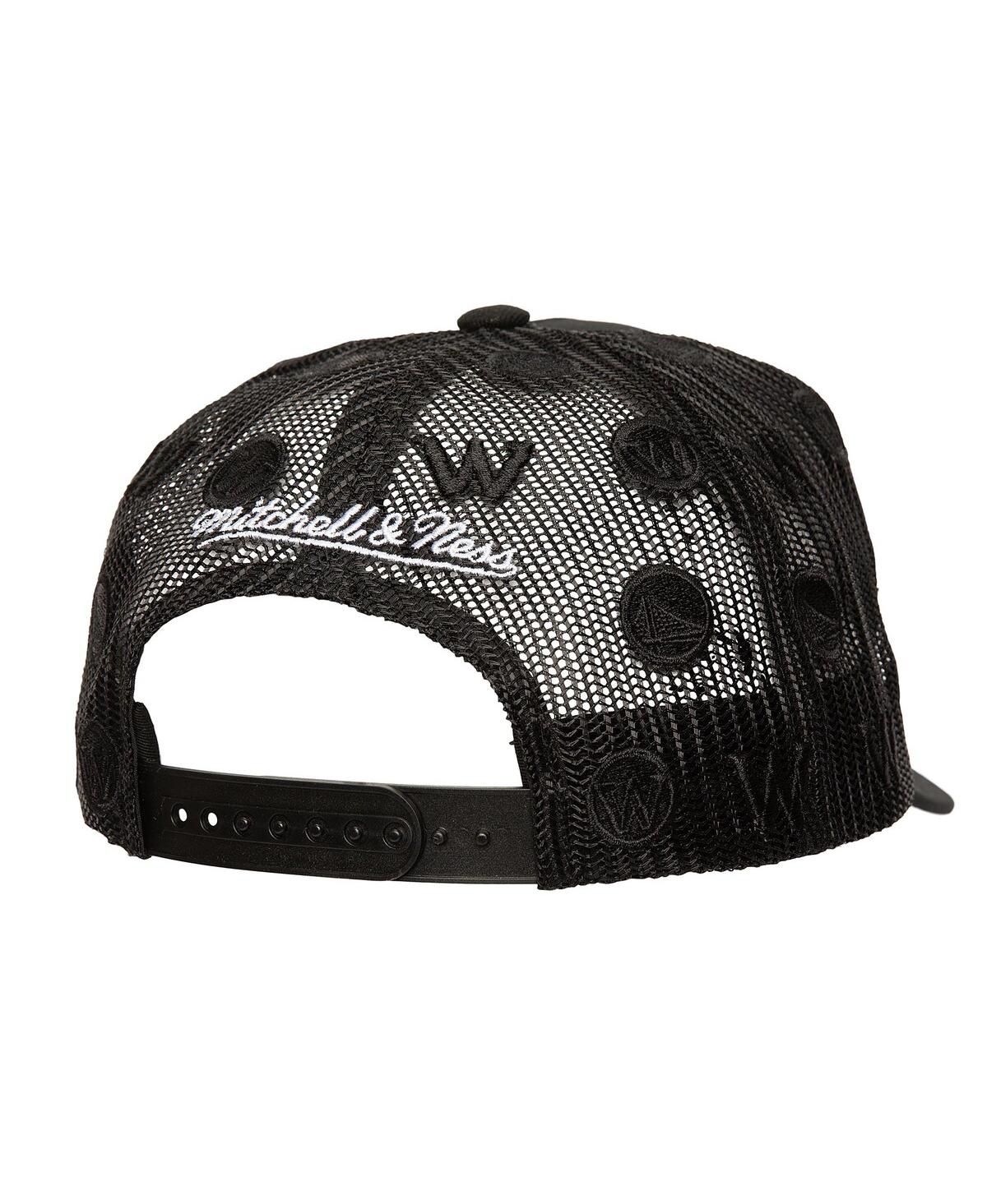 Mitchell & Ness Men's Black Golden State Warriors Monogram Allover Logo Mesh Trucker Adjustable Hat In Black