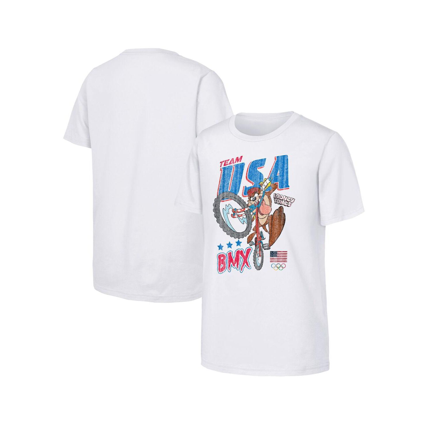 Big Boys and Girls Tasmanian Devil White Team USA Looney Tunes BMX T-Shirt