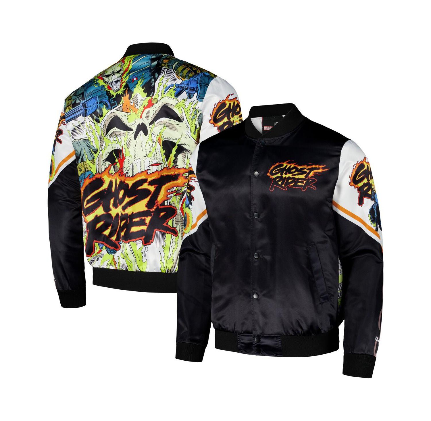 Men's Black/White Ghost Rider Fanimation Satin Full-Snap Jacket