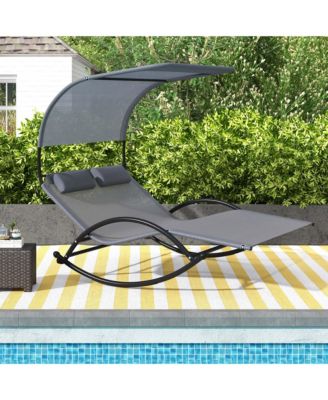 Outdoor Dual Rocker Sunbed 2-Person Canopied Lounger with 2 Detachable Headrests