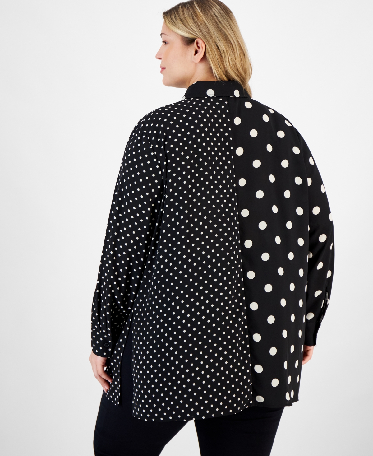 Anne Klein Plus Size Mixed Dot-Print Long-Sleeve Blouse
