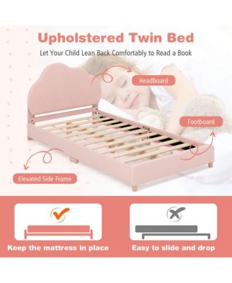 Kids Twin Platform Bed Frame Upholstered Twin Size Bed with Wooden Slats Support